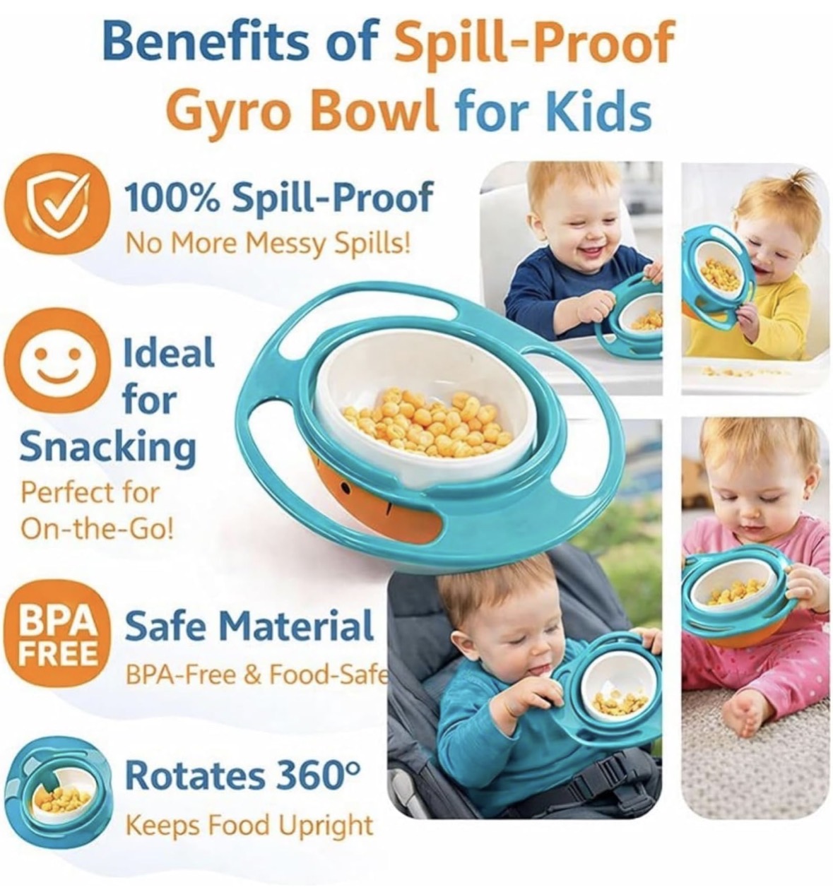 Gyro Bowl for Toddlers-Baby,Non Spill Resistant Bowls for Toddlers with Lid and Rotations,Magic Bowl-360 Rotating for Kids,Container Mess Free Snack Bowls,Multi Colour,1 pcs