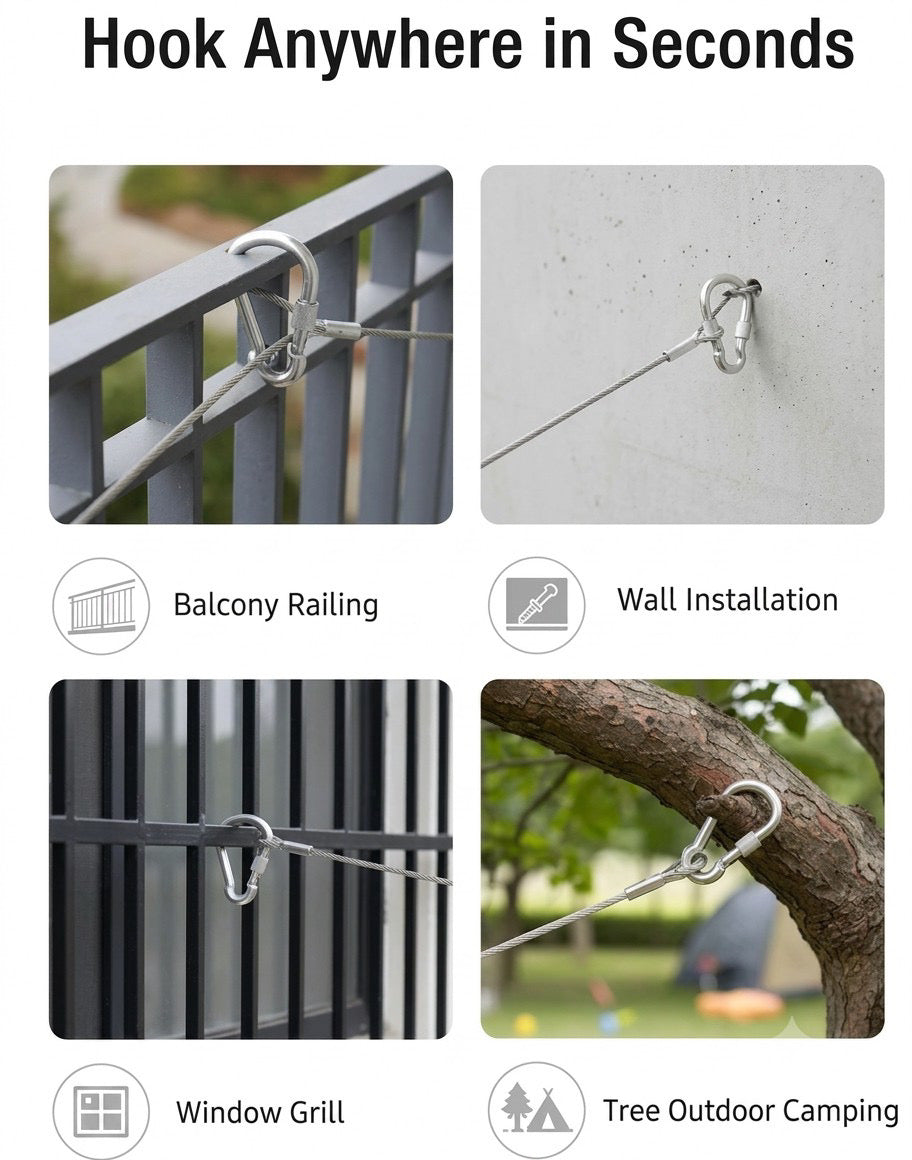 5 Meters Heavy Duty 4mm PVC Coated Steel Clothesline Wire Ideal for Home Use, Adjustable U-Clamps, Rustproof Anti-Sag, with Carabiner Hooks (Wall Hooks Not Included)